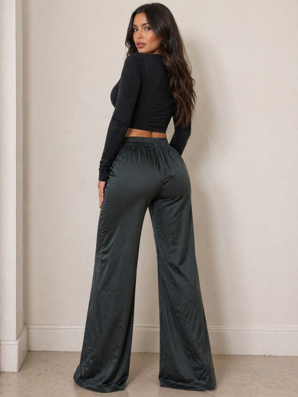 AKIRA Dark Green Wide Leg Pants Size Small – Satin High Waist Flowy Trousers NWT - Picture 2 of 3